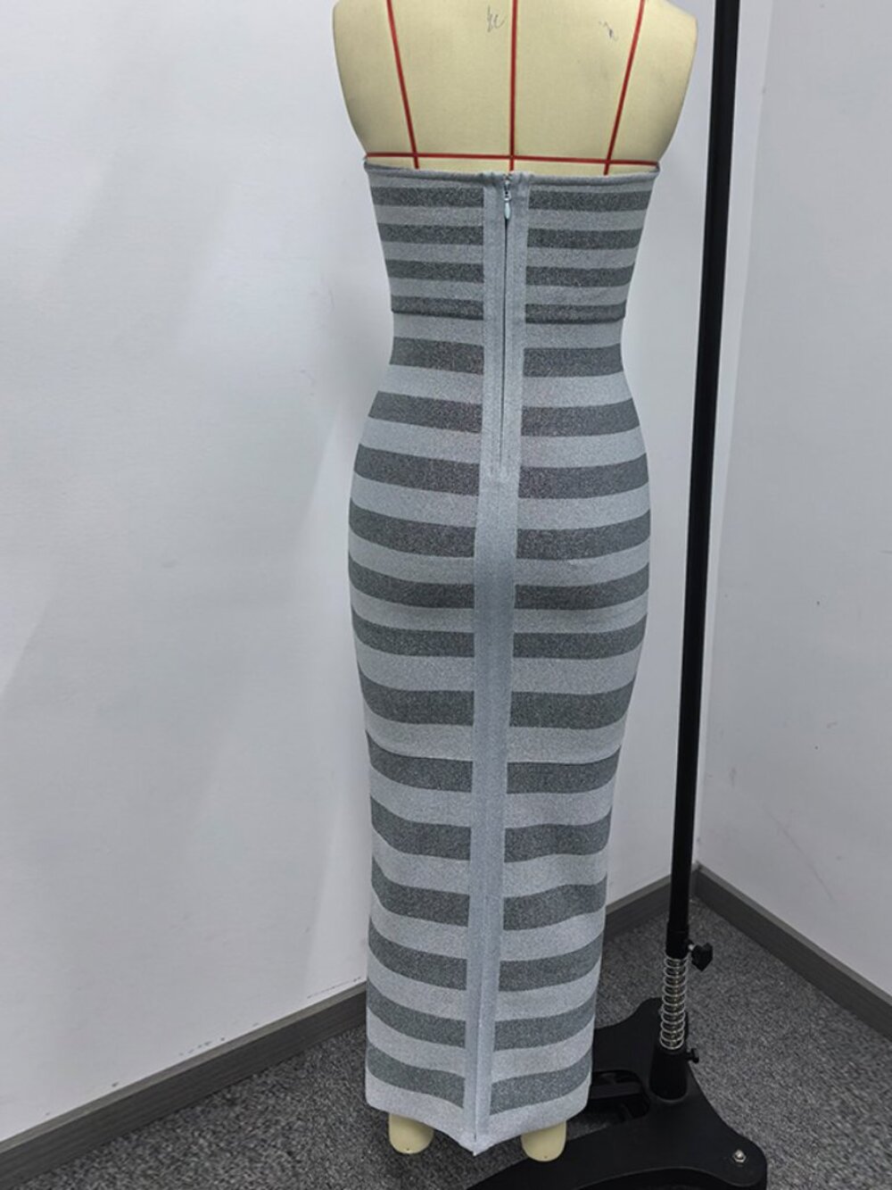 Glam Grey Metallic Shimmer Stripe Tube Bandage Bodycon Maxi Gown - Picture 6 of 6